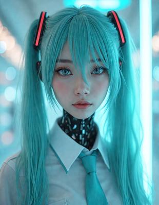 The primary subject of the image is a woman with blue hair, wearing a white shirt and a blue tie. She is wearing headphones and has a blue-green color scheme. The setting is a room with a blue background, and the visual style appears to be a digital art or illustration. The overall atmosphere is cool and futuristic.